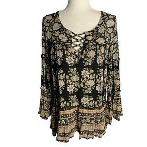 American Eagle Boho Tunic Top S Black Floral Bell Sleeves Criss Cross V Neck